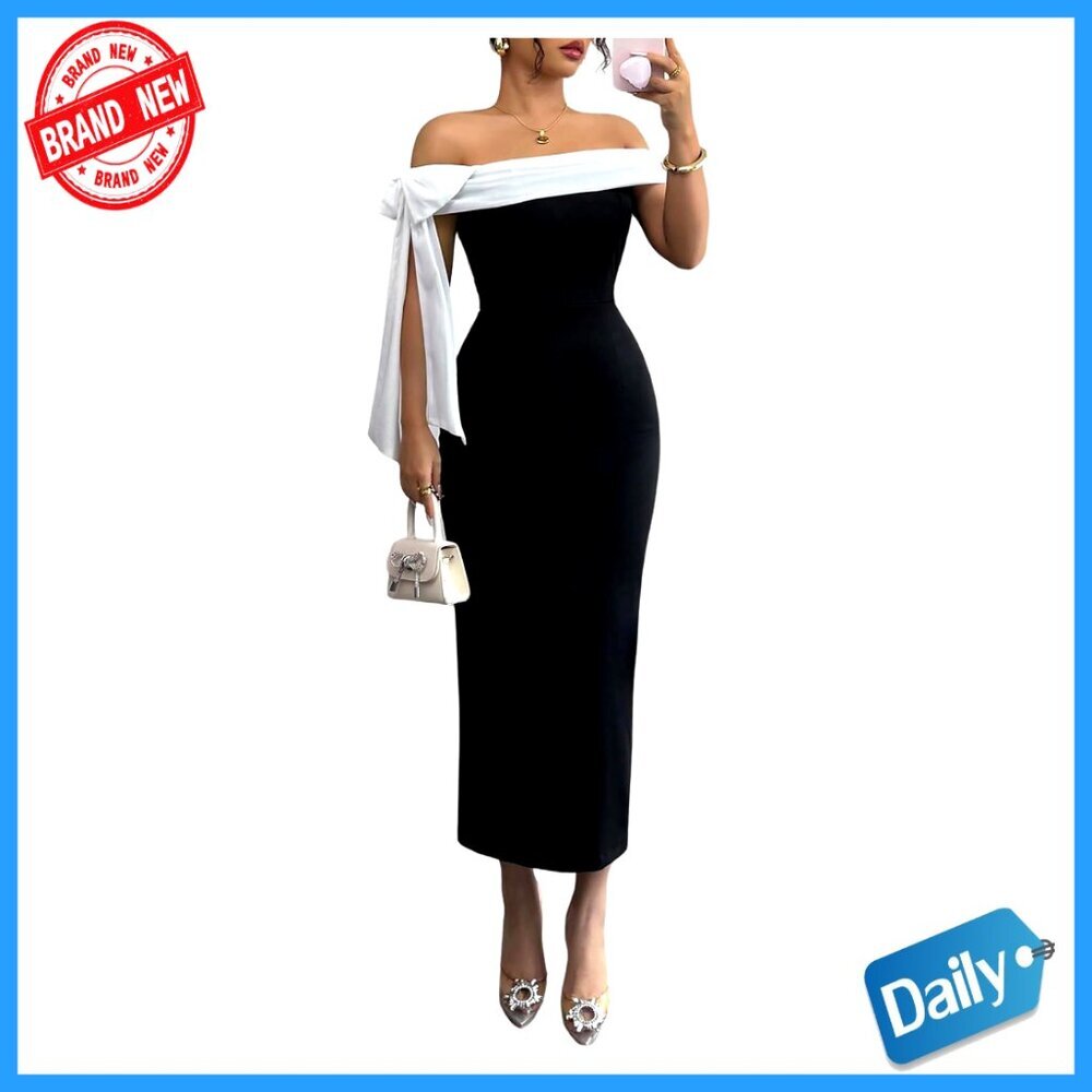 Elegant Off Shoulder Maxi Dress Bow Tie Formal Cocktail Party Bodycon